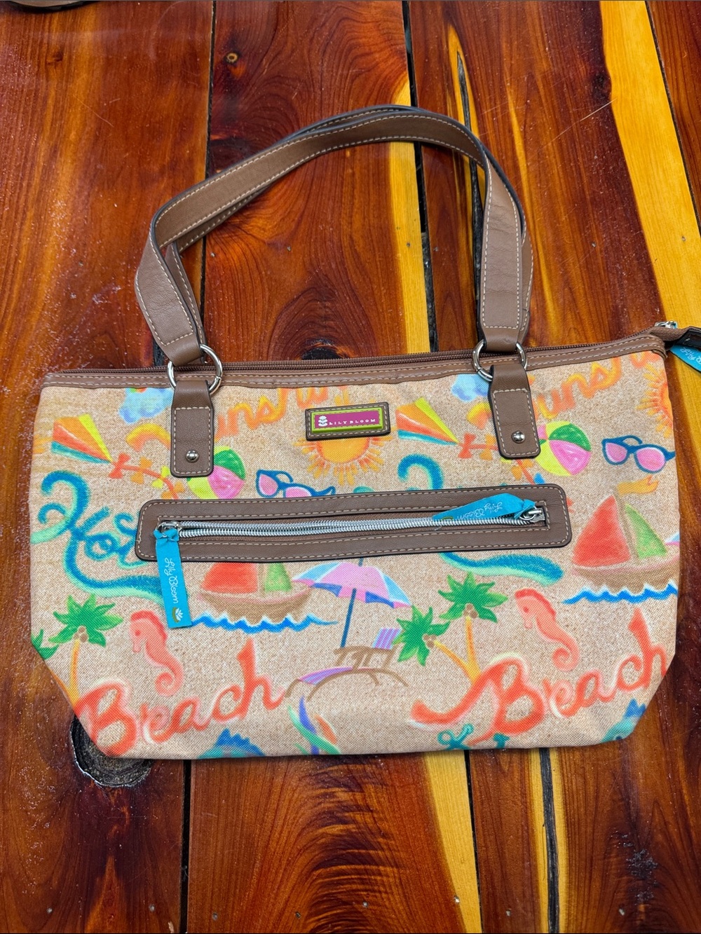 Lily Bloom Tan Beach Motif Tote with Multicolor Accents